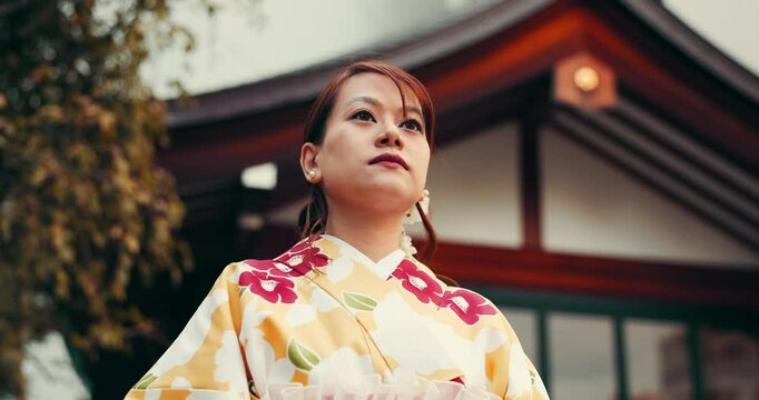 Japanese woman, kimono and bow for culture, gratitude and custom at tea house. Asian person, traditional and greeting for respect, etiquette and reverence gesture outdoor in nature for zen buddhism
