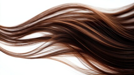 Naklejka premium Beautiful model girl with Brown hair strand,silky healthy chestnut wavy hair strand,hair wavy ribbon, with smooth,Keratin straightening,Treatment,straight long hair,procedures,Smooth hairstyle.