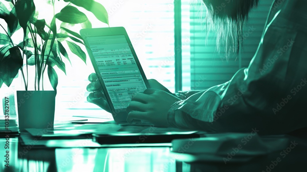 Aufkleber a person using a tablet while sitting at a desk with a plant in a well-lit environment.