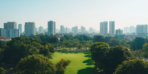 Obraz premium Aerial view of a large park in an urban area with tall buildings on the horizon. Lush greenery and open space provide a serene contrast to the city.
