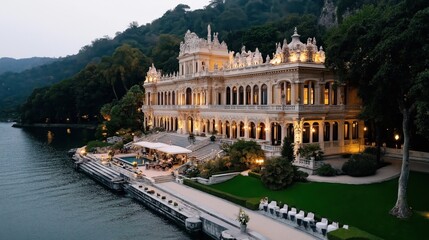 Fototapeta premium Luxurious illuminated mansion by a serene lake with lush greenery and elegant architecture at twilight