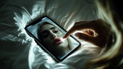 A close-up view of a hand gently touching a phone screen while lying in bed at night, highlighting intimacy and modern connection
