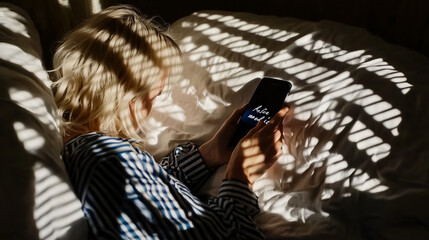 A peaceful moment of reflection with sunlight casting shadows on a person using a phone in a cozy bedroom setting