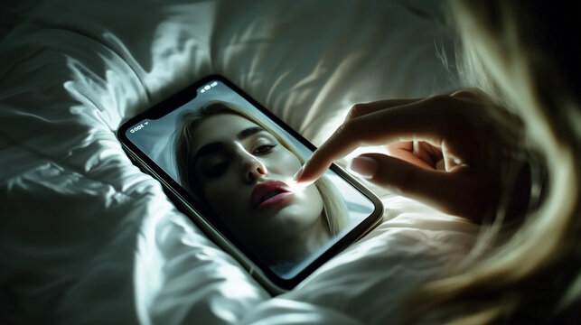 A close-up view of a hand gently touching a phone screen while lying in bed at night, highlighting intimacy and modern connection