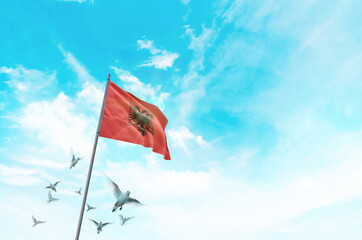 Albania flag waving with flying doves in beautiful sky. Albania flag for Republic Day and...
