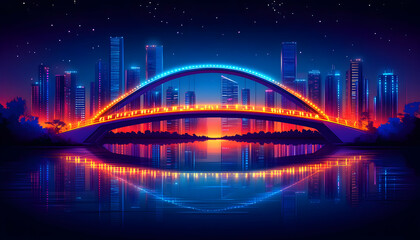 Obraz premium Night cityscape with illuminated bridge reflecting in calm water.