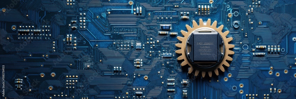 Fototapete a microprocessor sits at the center of a circuit board, surrounded by intricate gears and electronic