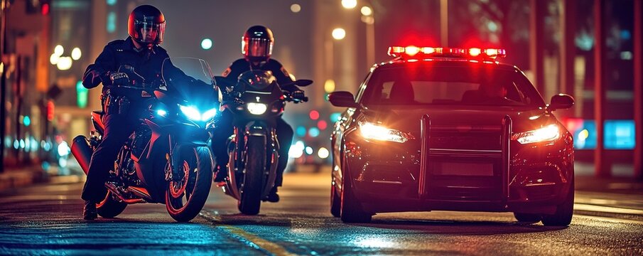 Police pursuit at night with flashing lights and officers on bik