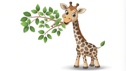 Obraz premium Cheerful Cartoon Giraffe Enjoying Vibrant Green Leaves, Perfect for Illustrations or Children’s Content Featuring Nature and Wildlife Themes