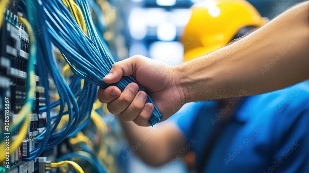 Poster a worker handling cables in a server room, showcasing technology and industry work.