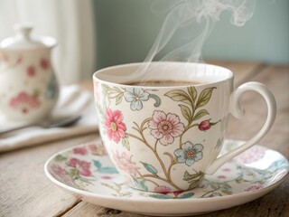 Fototapeta premium Delicate Watercolor Tea Cup Adorned with Soft Floral Patterns, Perfect for Afternoon Tea, Relaxation, and Enjoying a Warm Beverage in a Cozy Setting