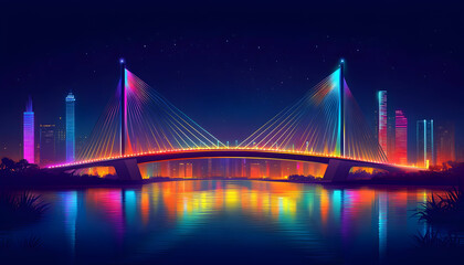 Obraz premium Vibrant cityscape at night, illuminated bridge reflecting in water.