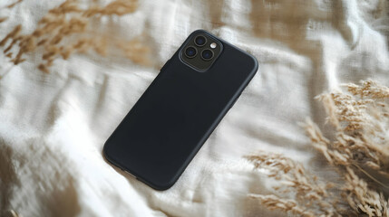 Slim black phone case on a cream-colored fabric, highlighted by soft, natural sunlight.