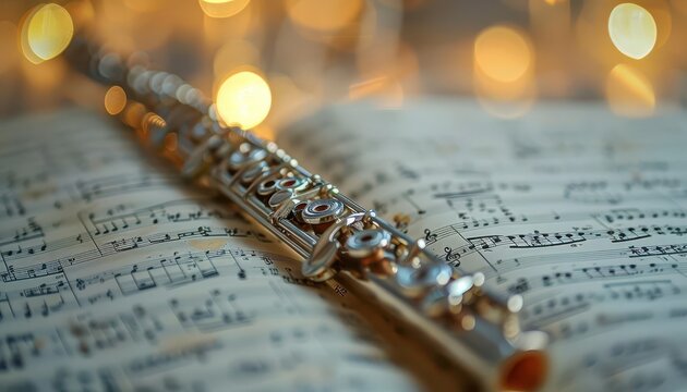 A lone, silver flute lying across an open sheet music book
