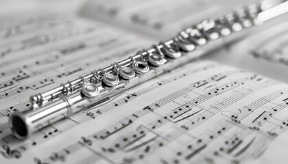 A lone, silver flute lying across an open sheet music book