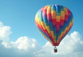 Obraz premium A colorful hot air balloon with a rainbow pattern, floating against a cloudy sky