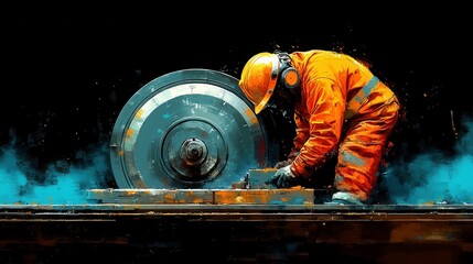 Rugged Construction Worker with Sharp Saw