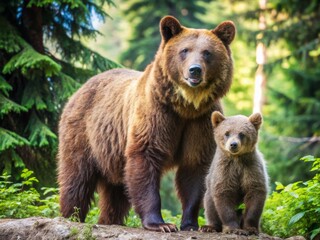 Obraz premium Charming Cartoon Illustration Depicting a Mother Bear Standing Proudly Beside Her Cute Baby Bear in a Lush Green Forest Setting with Sunlight Streaming Through the Trees
