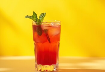 A glass of red fruit punch or sangria garnished with a mint leaf, against a bright yellow background
