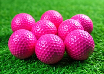 Obraz premium A Collection of Bright Pink Golf Balls Nestled on Lush Green Turf, Perfect for Golfing Enthusiasts and Sports Photography Needs