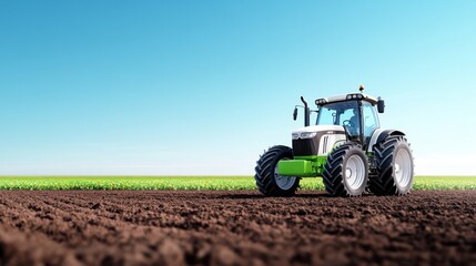 Obraz premium A modern tractor working on freshly plowed soil under a clear sky.