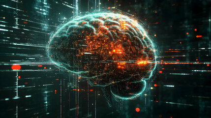 Obraz premium A glowing orange and teal digital brain with neural circuits, symbolizing futuristic intelligence.