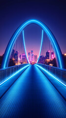 Obraz premium Futuristic neon-lit bridge over night cityscape.