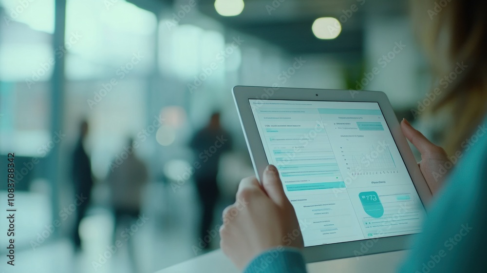 Poster A person using a tablet to view data or information in a modern environment.