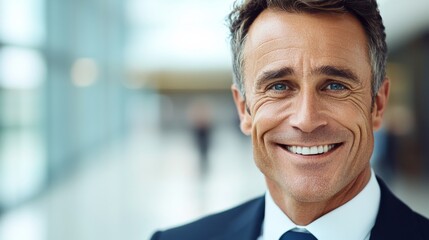 Fototapeta premium A confident businessman with a warm smile, dressed in a suit, stands in a modern office environment with soft lighting.