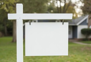 A white real estate sign post with a blank white sign panel