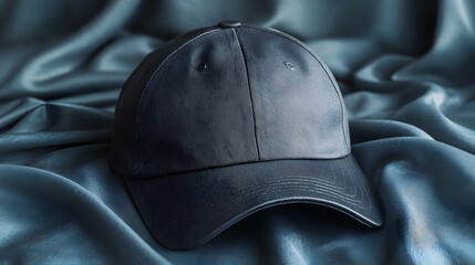 Obraz premium A matte navy baseball cap resting on a soft fabric under dim lighting, creating a casual and minimalist aesthetic.