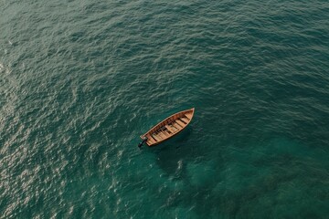 Fototapeta premium A Solitary Wooden Boat Glides on Calm Turquoise Waters in the Midday Sun Near a Serene Coastline