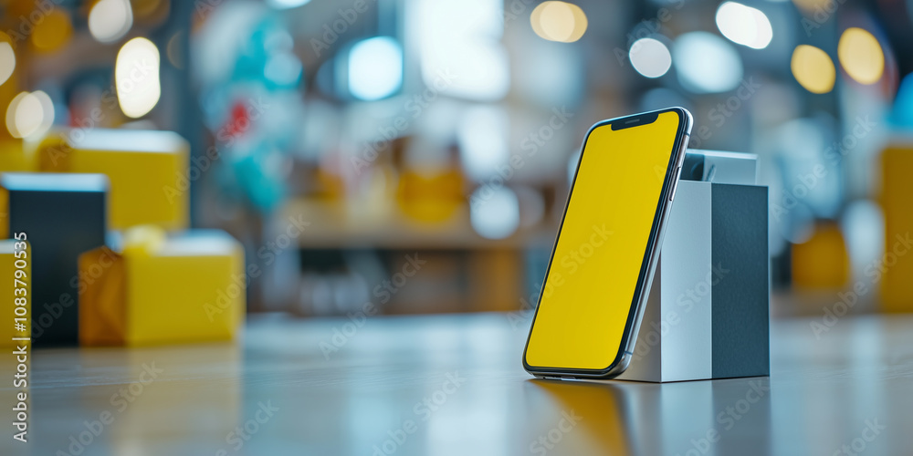 Aufkleber smartphone with vibrant yellow screen is displayed on table, surrounded by blurred background elements, creating modern and dynamic atmosphere