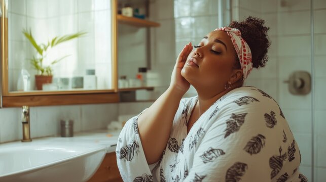 Plus size black woman touching face enjoying skincare routine in bathroom - Powered by Adobe