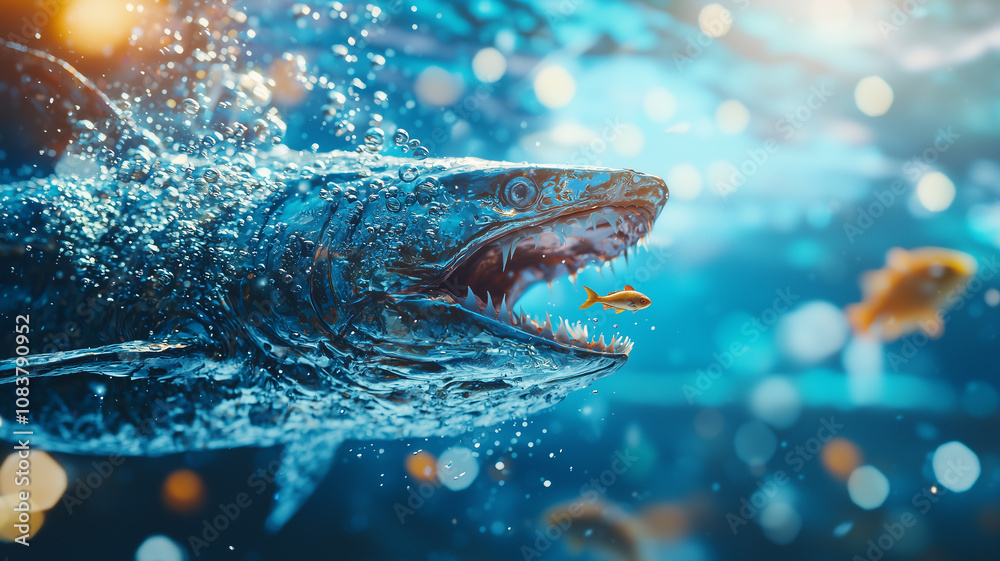 Poster large fish with sharp teeth swims underwater, chasing small fish in vibrant, dynamic scene filled wi