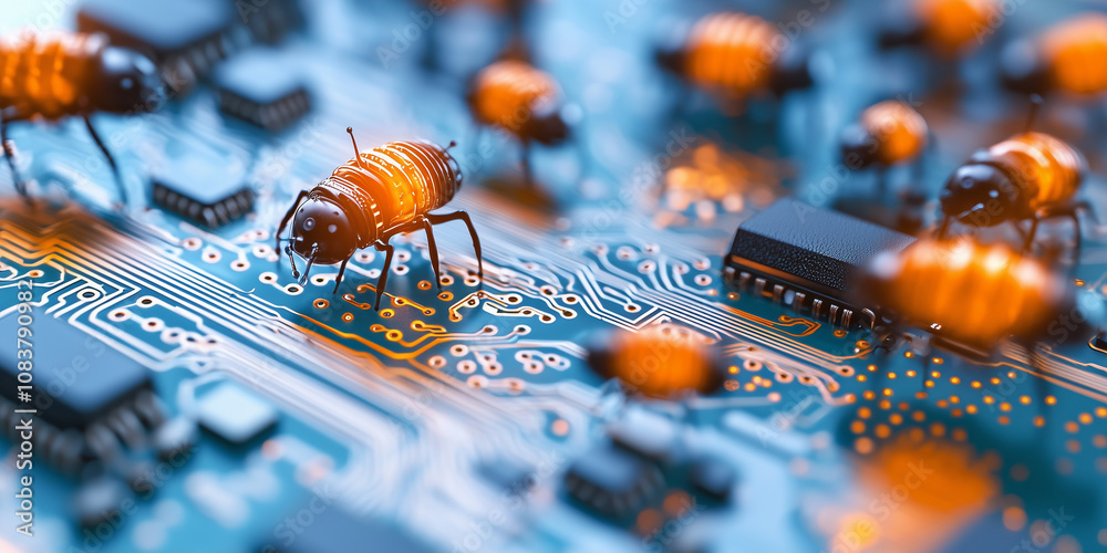 Leinwandbilder Tiny robotic insects crawl on computer circuit board, showcasing advanced technology and innovation. intricate design highlights fusion of robotics and electronics in futuristic setting