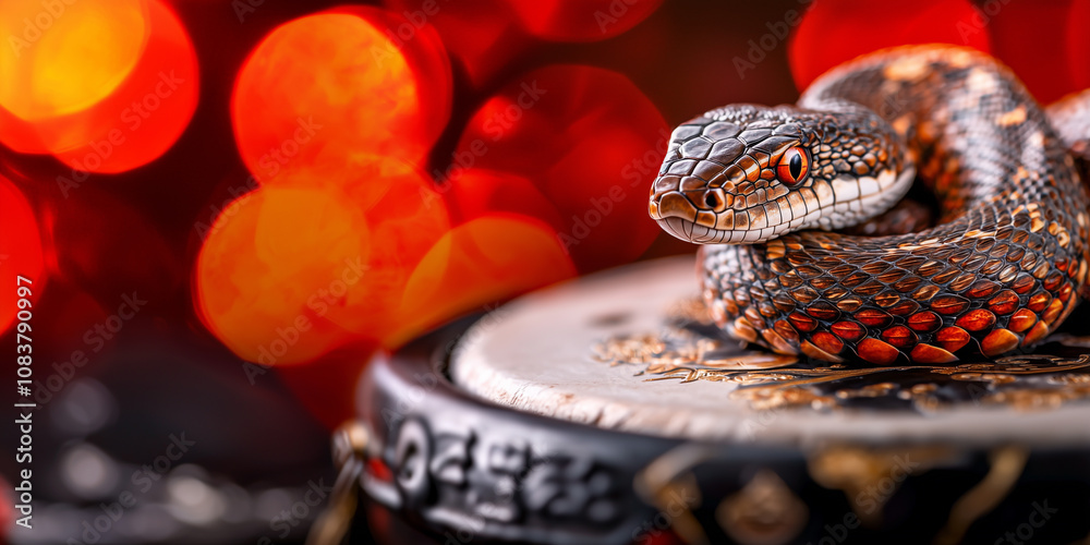 Poster close up of snake wrapped around traditional drum, with vibrant red bokeh lights in background, crea