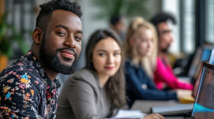 Obraz premium Young businessman sitting at desk with colleagues working in background at modern office