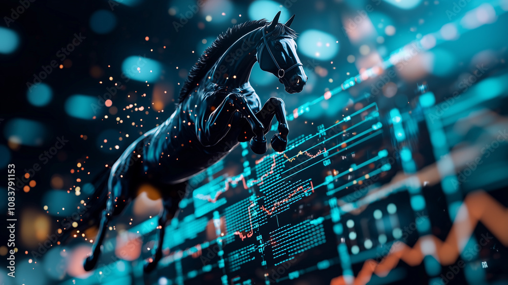 Aufkleber dark horse leaps over hurdles made of business graphs, symbolizing overcoming challenges in dynamic 