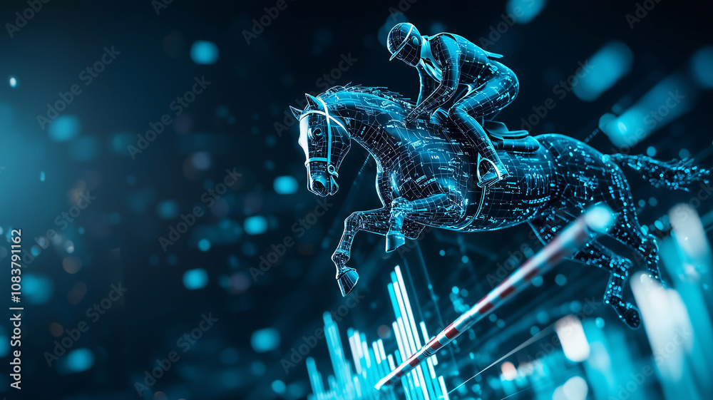 Aufkleber digital horse and rider leap over data driven hurdles, symbolizing intersection of technology and business analytics. futuristic scene is illuminated with glowing blue elements