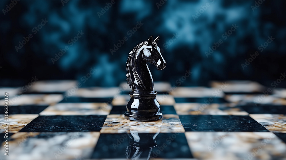 Poster dark horse chess piece stands on marble chessboard, symbolizing strategy and mystery. intricate desi