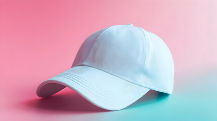 Fototapeta premium A white baseball cap set against a soft pink gradient background, with bright lighting highlighting its minimalist design.