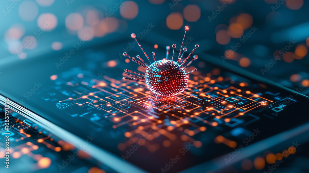 Poster digital bug emerges from smartphone screen, symbolizing cybersecurity threats and data breaches in technology. glowing circuit board highlights concept of digital vulnerability