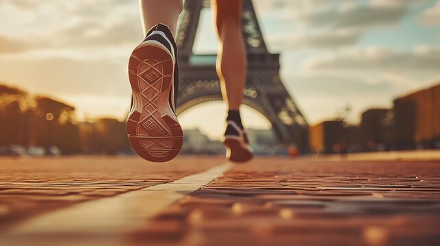 Runners feet as they race towards the Eiffel tower in Paris. Summer sports athletics. 8k Resolution