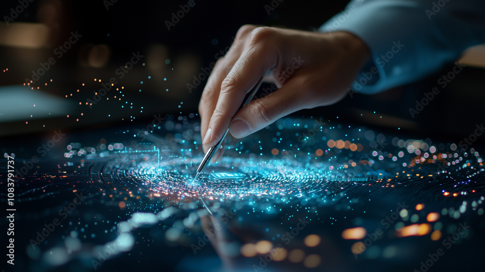 Leinwandbilder hand using stylus to interact with digital graph on touchscreen, surrounded by glowing data points and futuristic interface elements