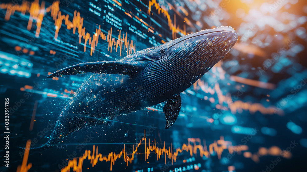 Poster majestic whale swims through sea of stock market data, symbolizing vastness and complexity of financ