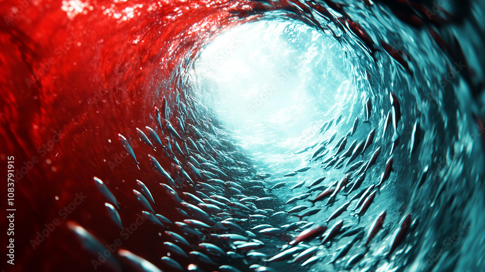 Aufkleber vibrant underwater scene with school of fish swimming towards bright light, creating dynamic and colorful tunnel effect. red and blue hues add sense of movement and unity