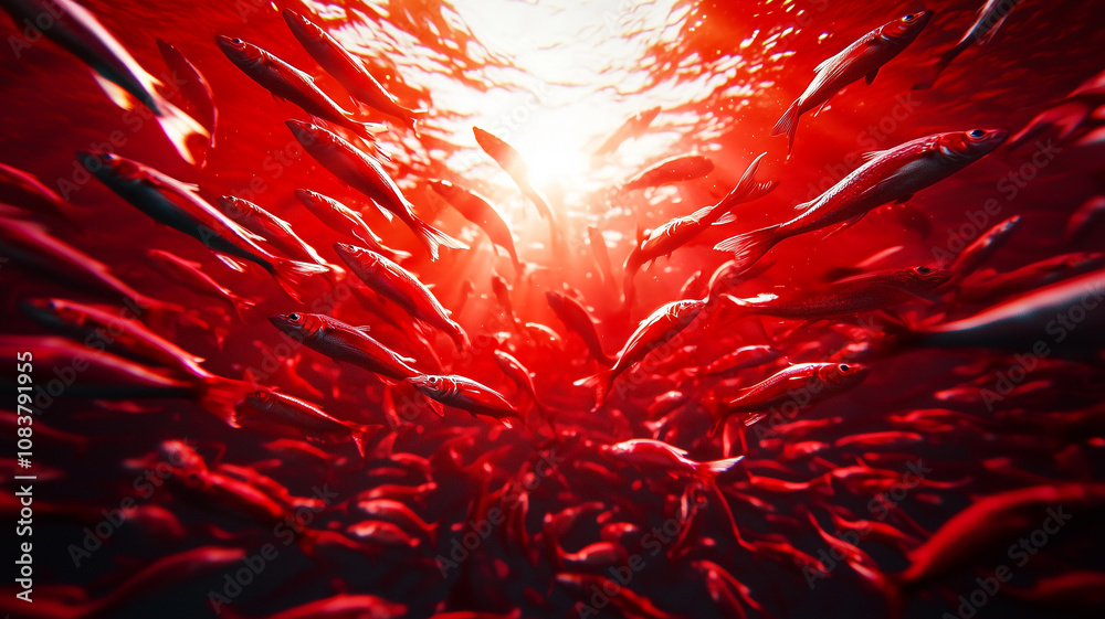 Poster vibrant underwater scene with numerous fish swimming in different directions, illuminated by sunlight filtering through red tinted water, creating dynamic and lively atmosphere
