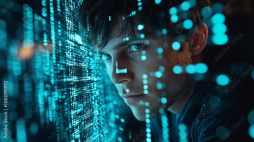 Poster man gazes intently at digital screen filled with glowing blue data lines, reflecting sense of focus 