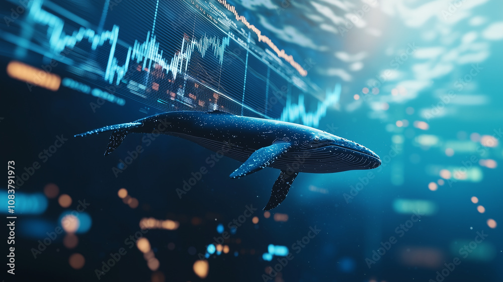 Aufkleber serene underwater scene with whale gliding past floating digital graphs, creating futuristic and tranquil atmosphere. whale presence adds sense of majesty and calm to digital world